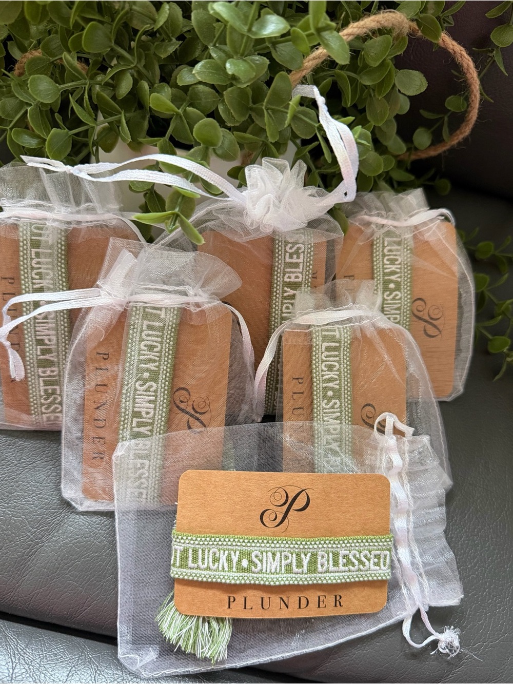 6 Plunder Green "Lucky • Simply Blessed" Tassel Bracelets Favor Set